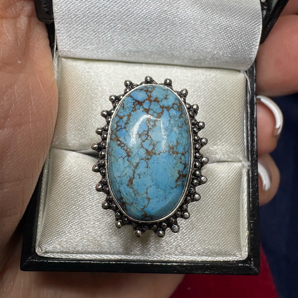 Turquoise Oval Statement Ring - Blue Turquoise Silver Accent